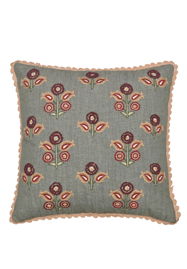 Sage Bloom Cotton Lace-Edge Cushion