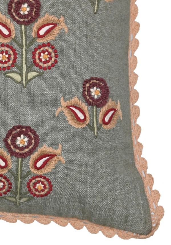 Sage Bloom Cotton Lace-Edge Cushion