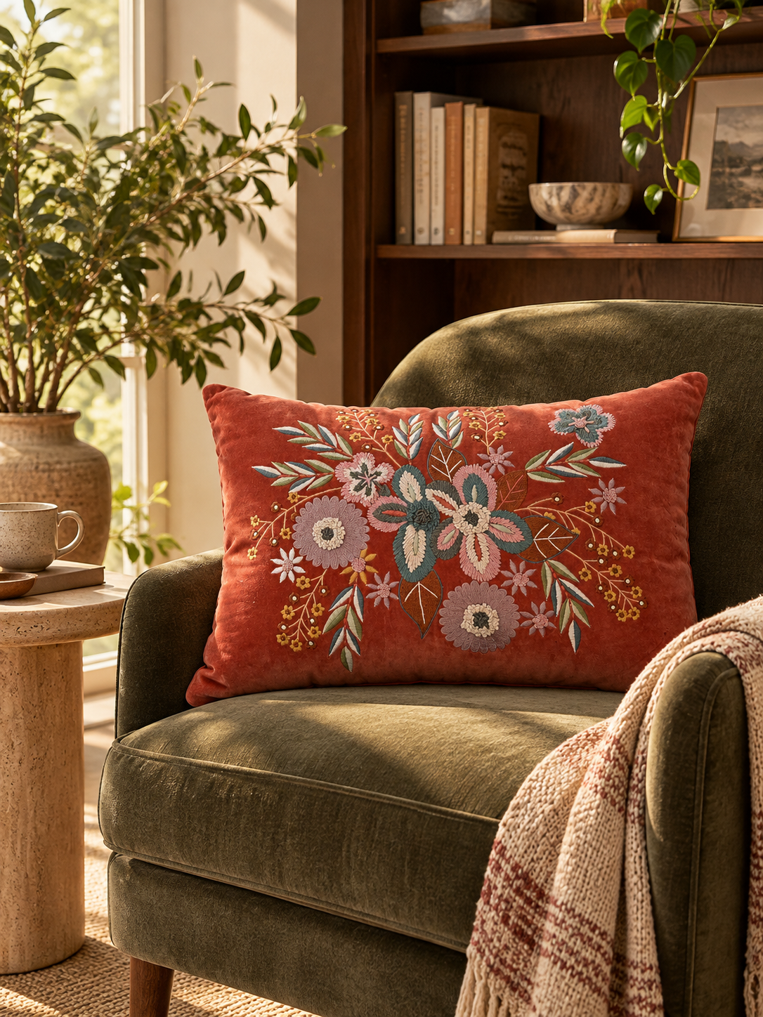 Rust Petal Reverie Velvet Lumbar Cushion – 14x20 Inches