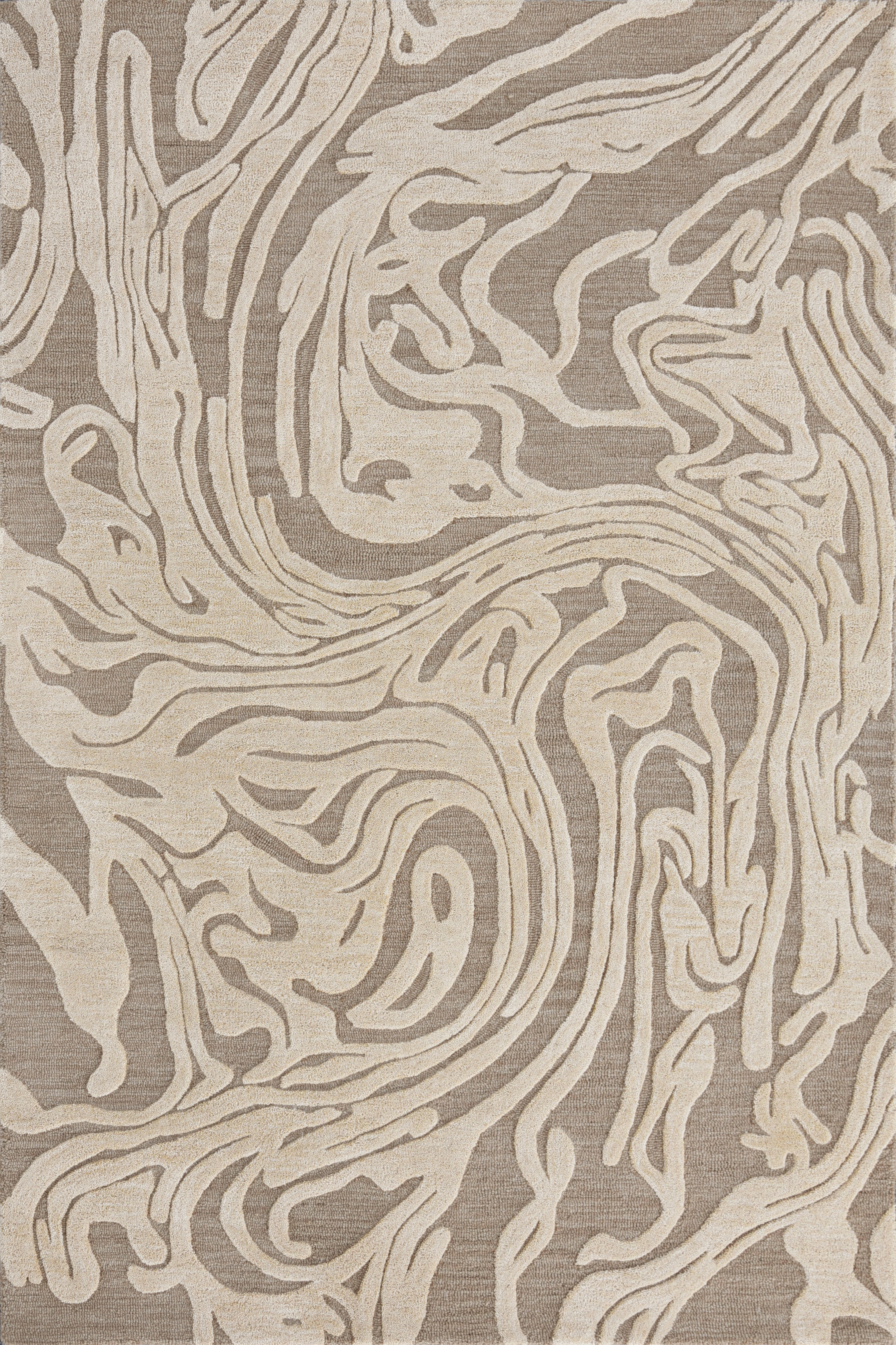 Duneflow hand tufted wool rug in taupe and beige abstract design 5x8 ft