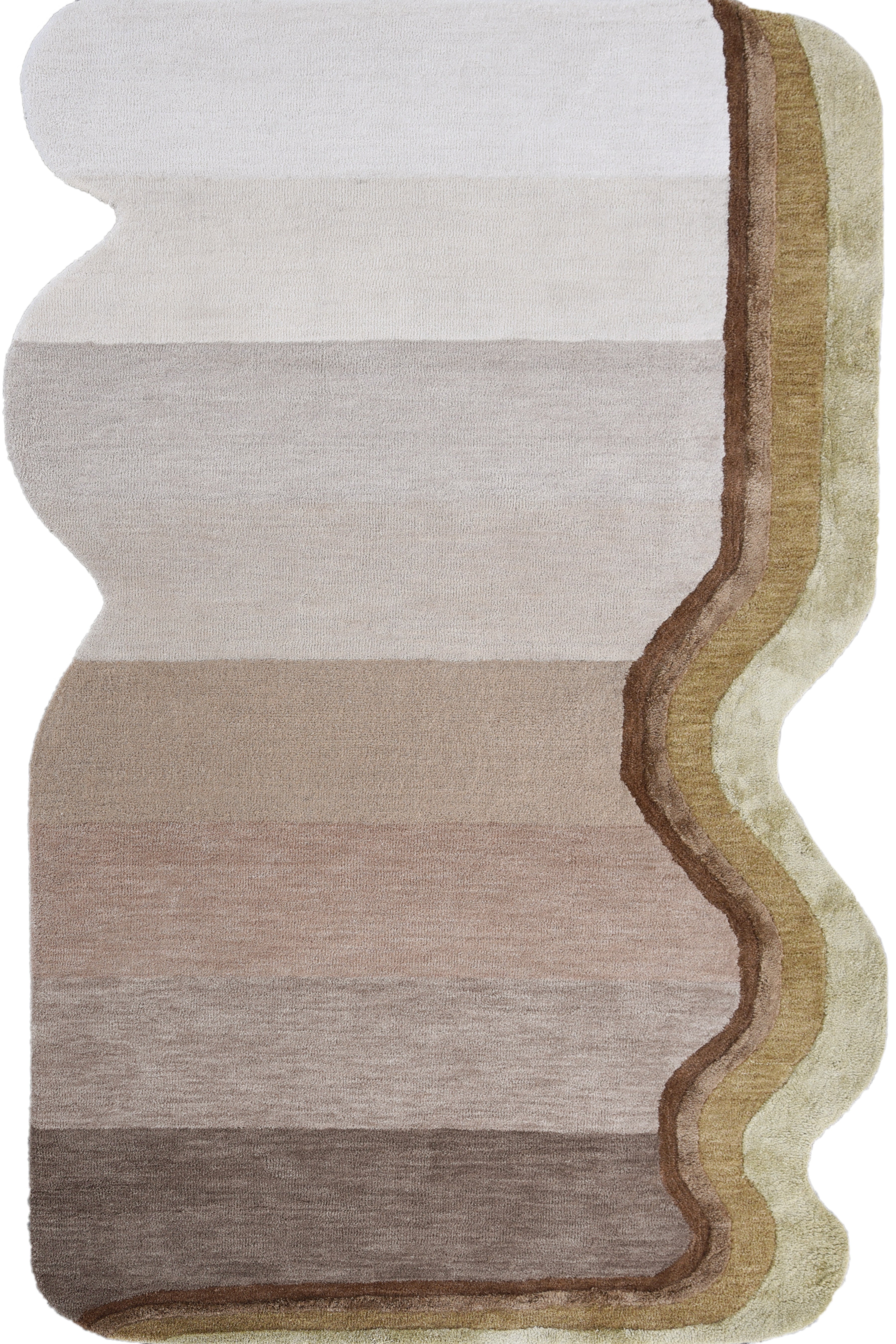 Multicolored striped rug with a gradient of brown, beige, and white on a white background