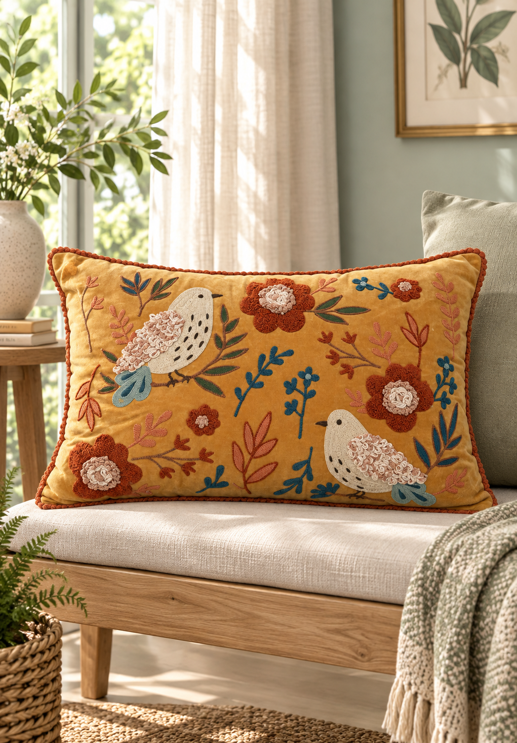 Mustard Meadow Aviary Velvet Cushion – 14x20 inches