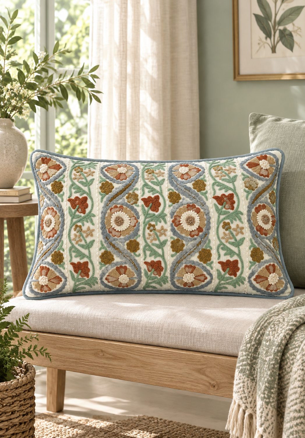 Turquoise Suzani Ari Embroidered Lumbar Cushion