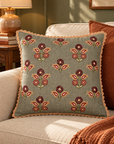 Sage Bloom Cotton Lace-Edge Cushion