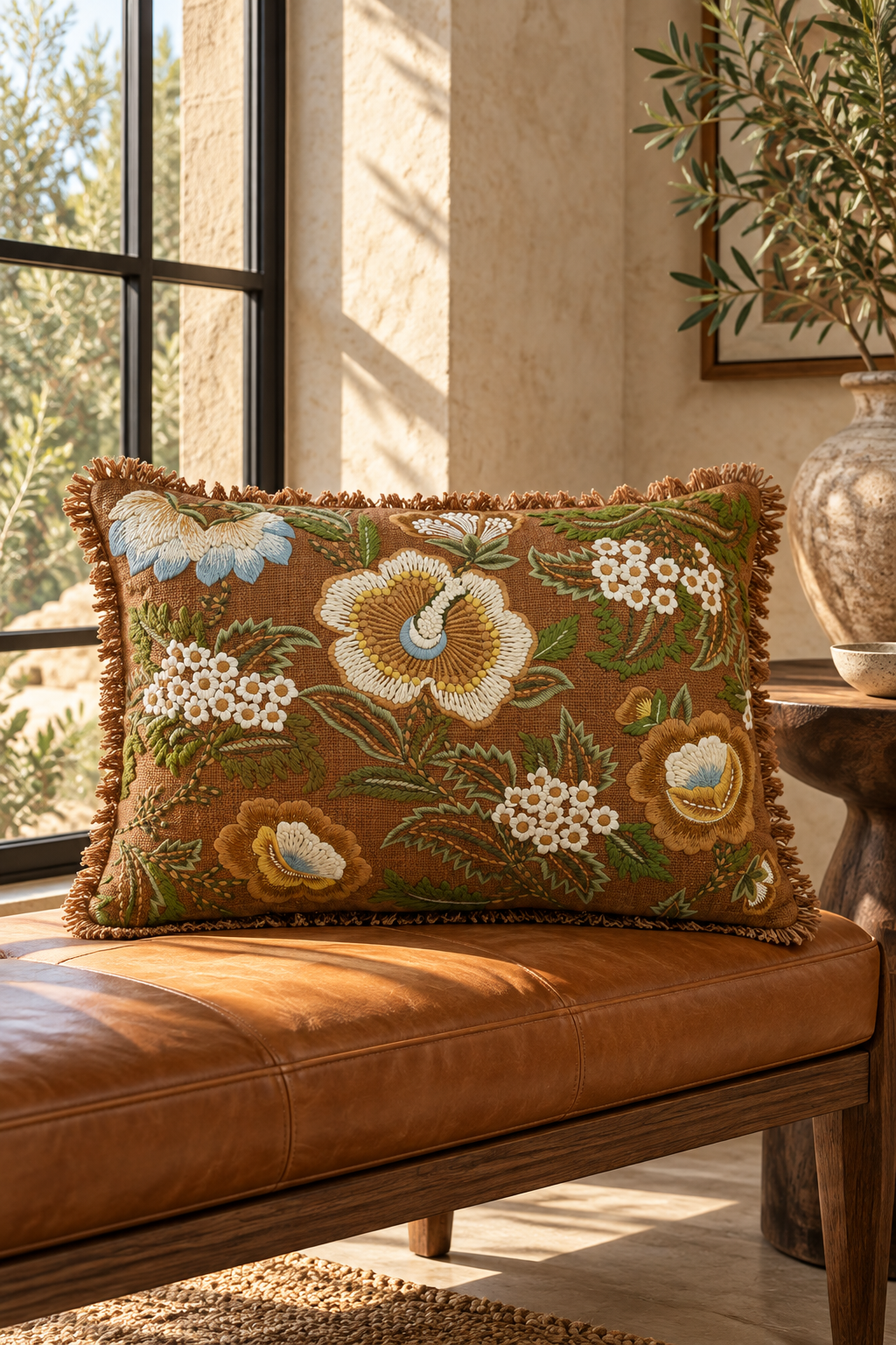Ochre Paisley Fringe Cotton Cushion