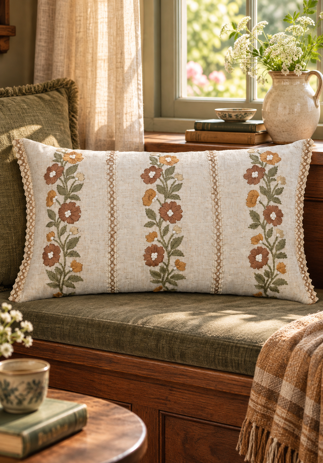 Dusty Bloom Embroidered Cotton Cushion