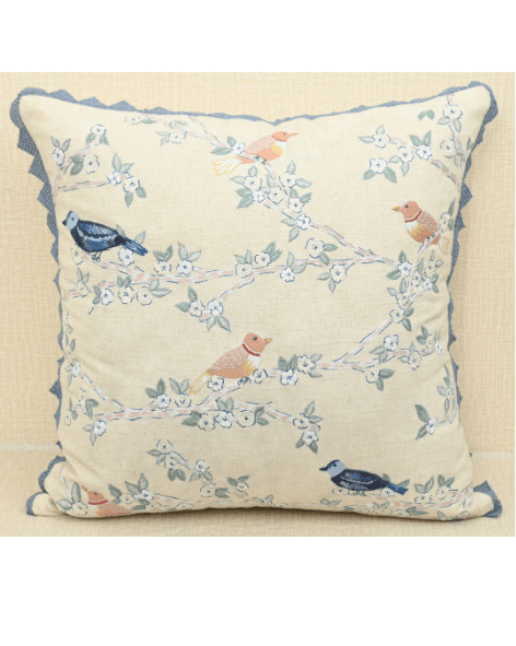 Hummingbirds cushion cover with intricate embroidery and blue lace, perfect for home decor, 18x18 inches.