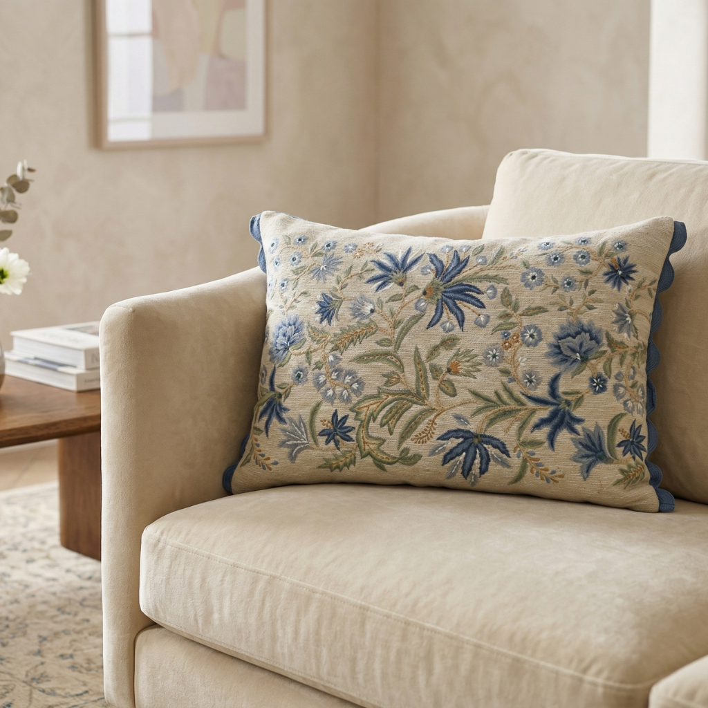 Decorative floral pillow on a beige sofa in a living room setting.