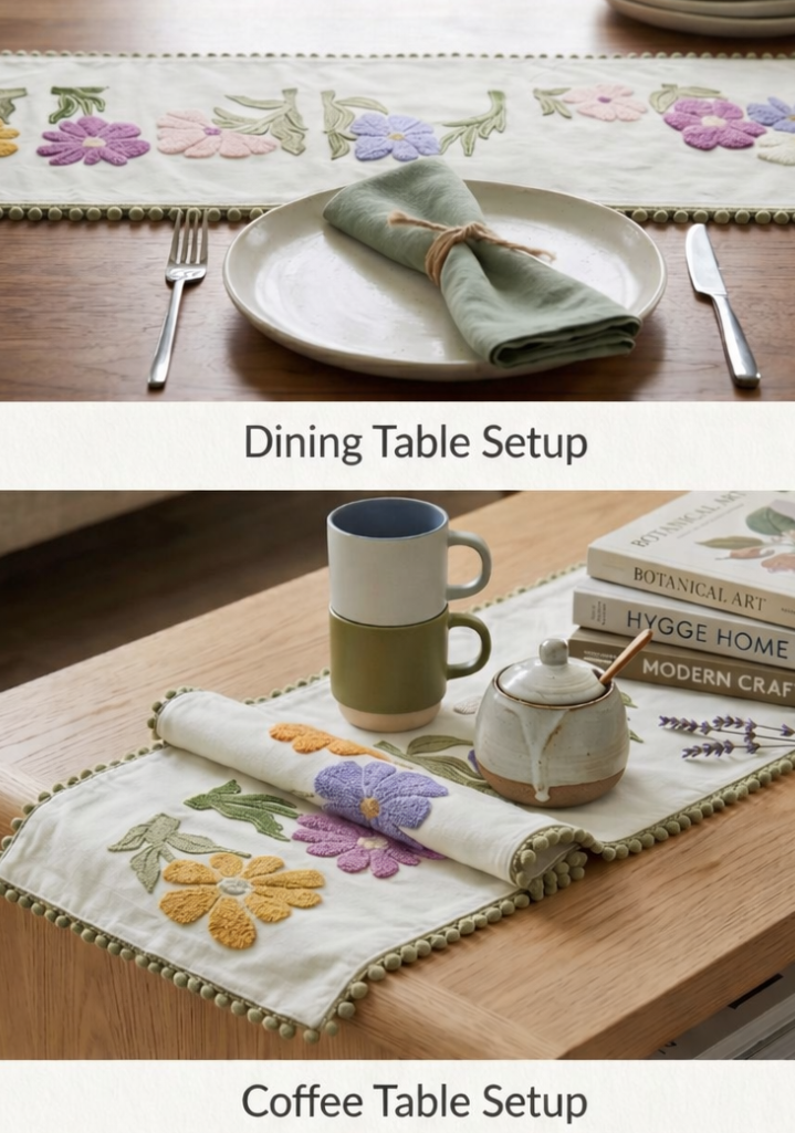 Dining table setup with floral placemats and coffee table setup with teacup and books.