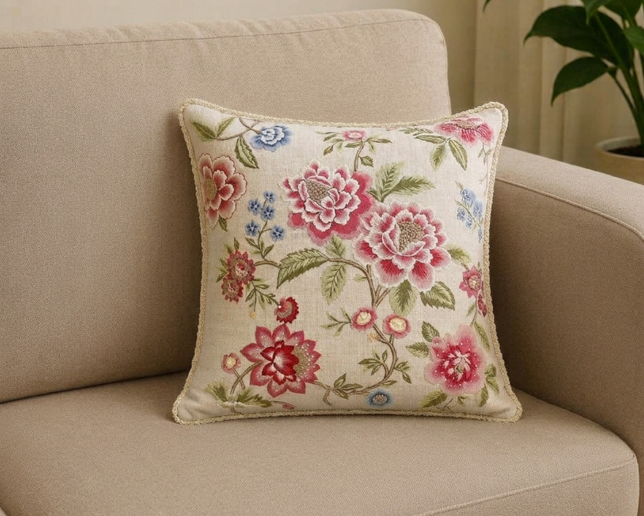 Blush Blossom Embroidered Cushion