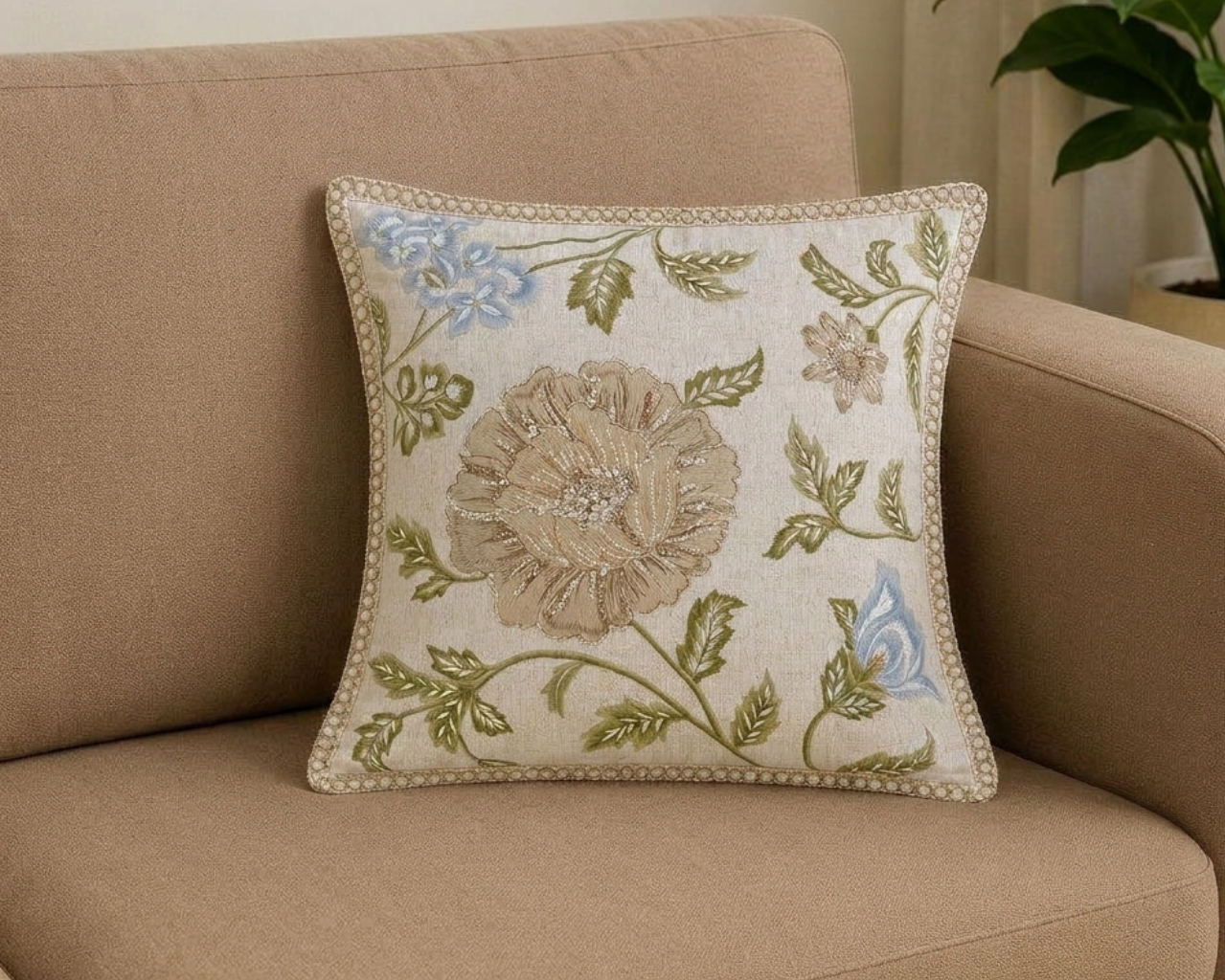 Rose Vine Embroidered Cushion