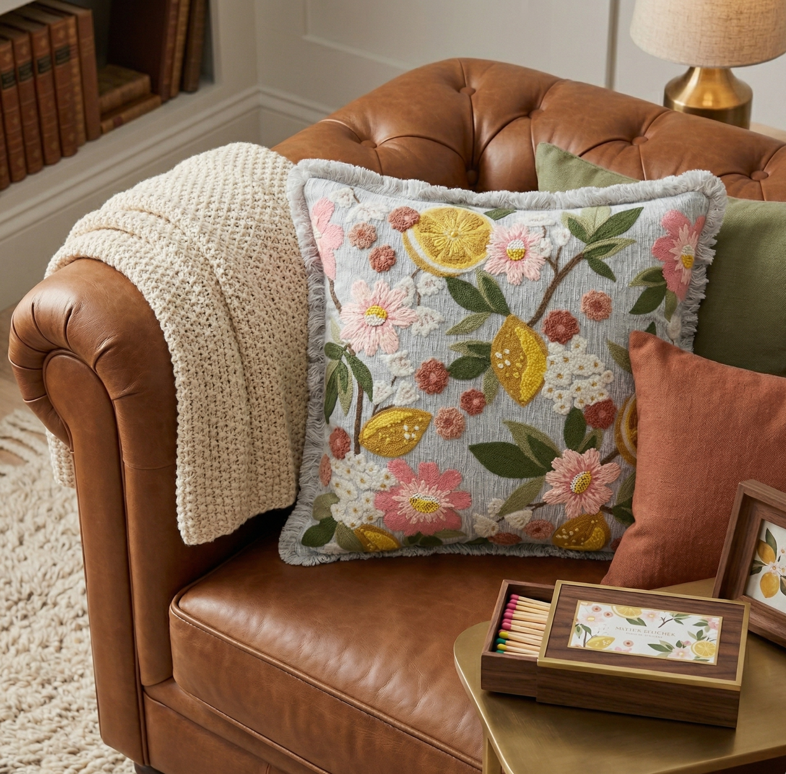 Decorative pillow with floral and lemon design on a brown leather sofa.