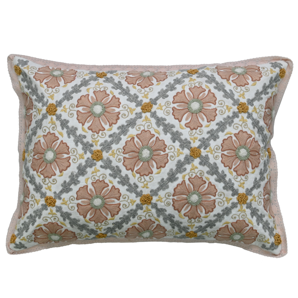 Decorative pillow with floral pattern on a white background