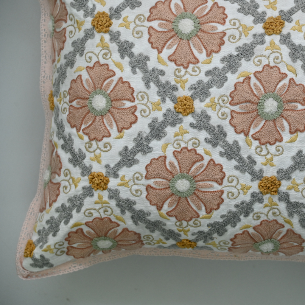 Decorative pillow with floral pattern on a plain background