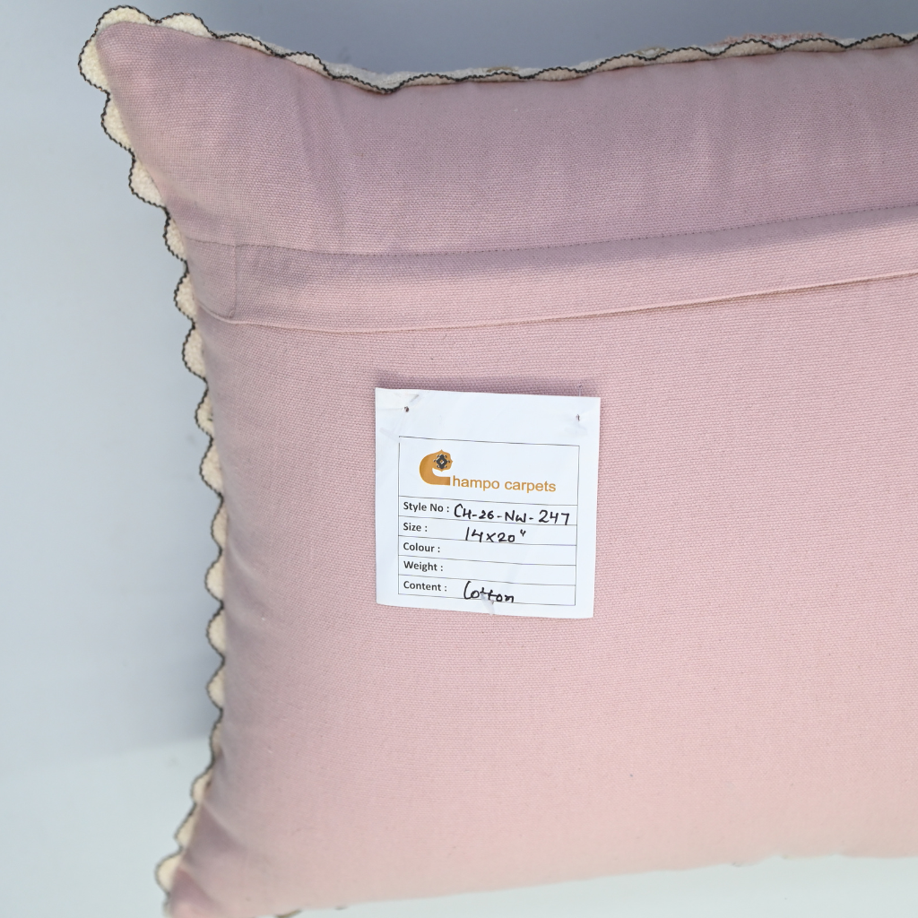 Pink fabric swatch with a label on a light gray background