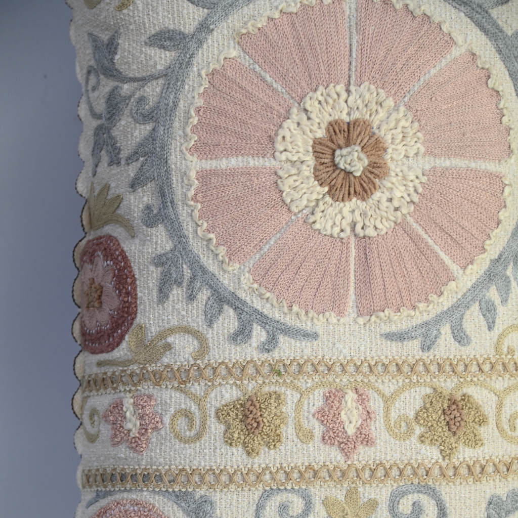 Close-up of an embroidered fabric with floral patterns and pastel colors.