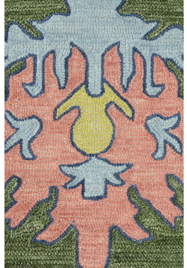 Artisan craftsmanship detail of Peach Lemon Oushak wool rug in peach blue and yellow