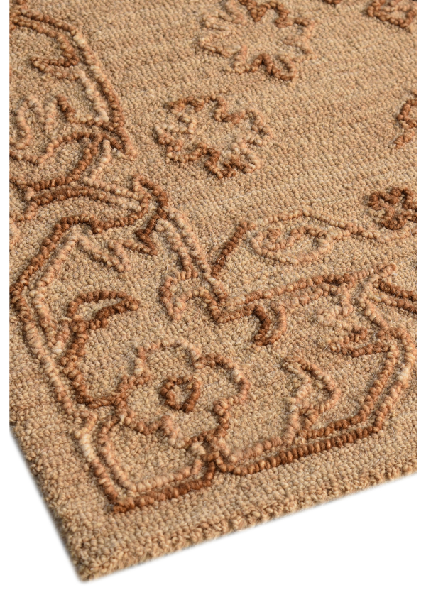 Mustard hand tufted loop pile wool rug side angle view