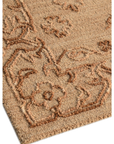 Mustard hand tufted loop pile wool rug side angle view