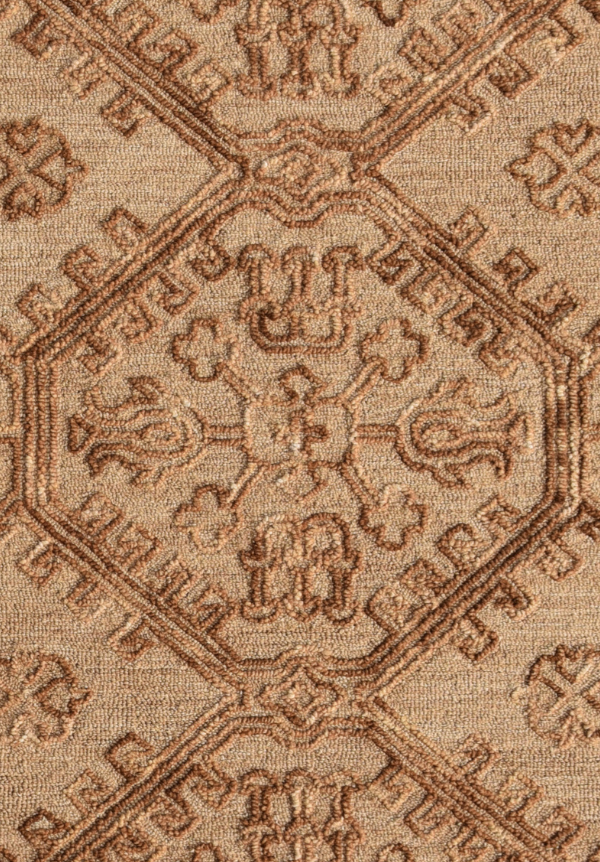 Large central medallion detail of mustard wool area rug