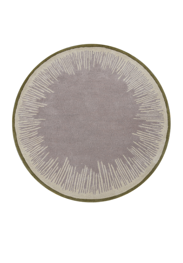 Halo Verge round hand tufted wool rug with geometric border in warm grey, green and cream