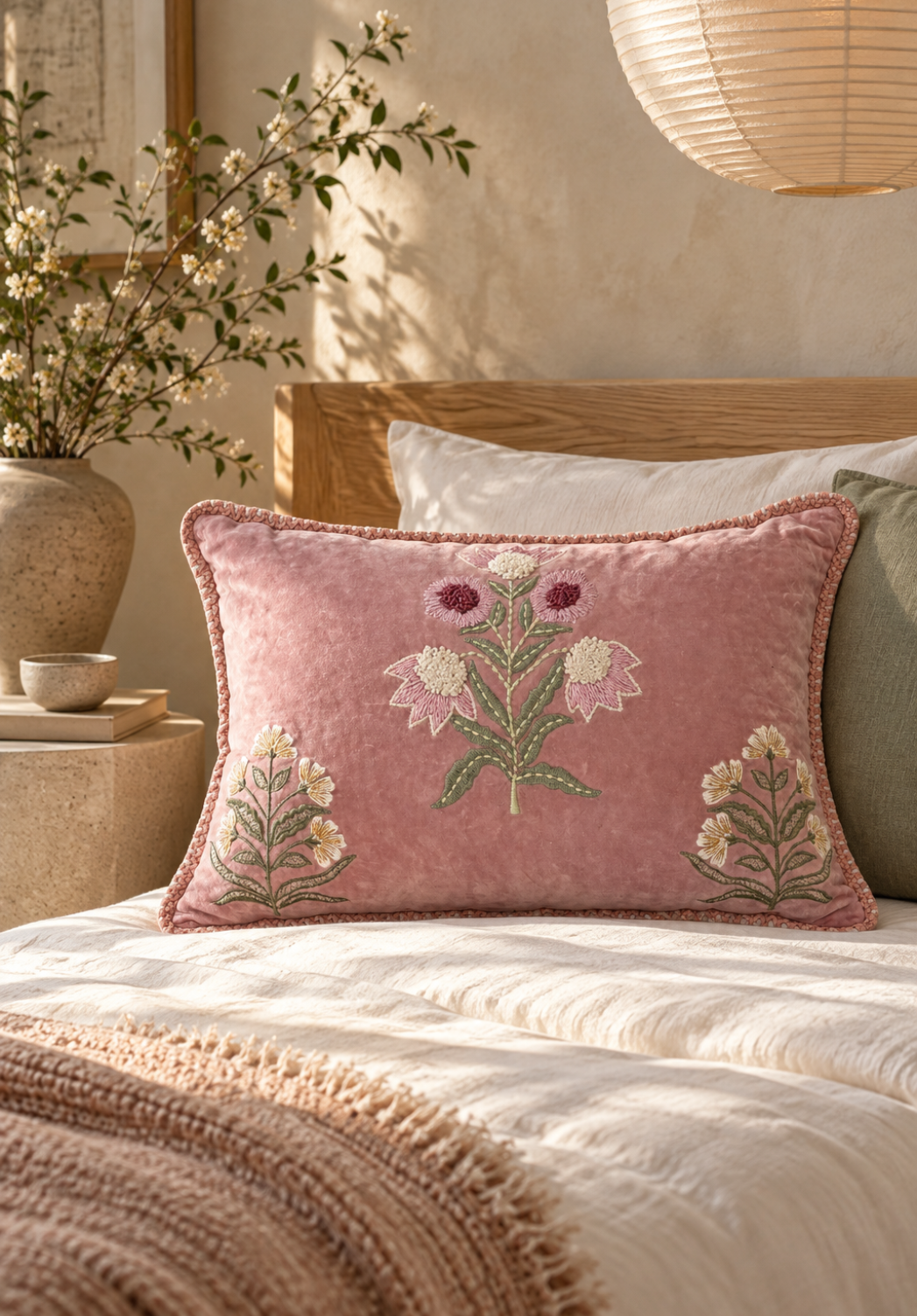 Blush Garden Floral Velvet Lumbar Cushion – 14x20 Inches