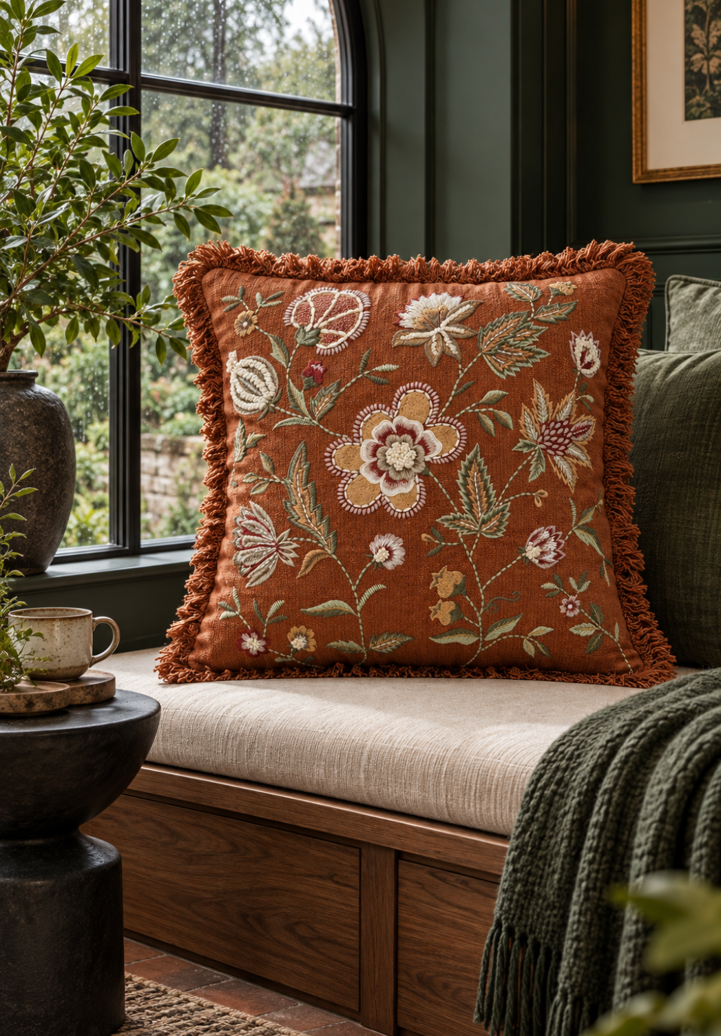 Rust Rosebud Embroidered Cotton Cushion