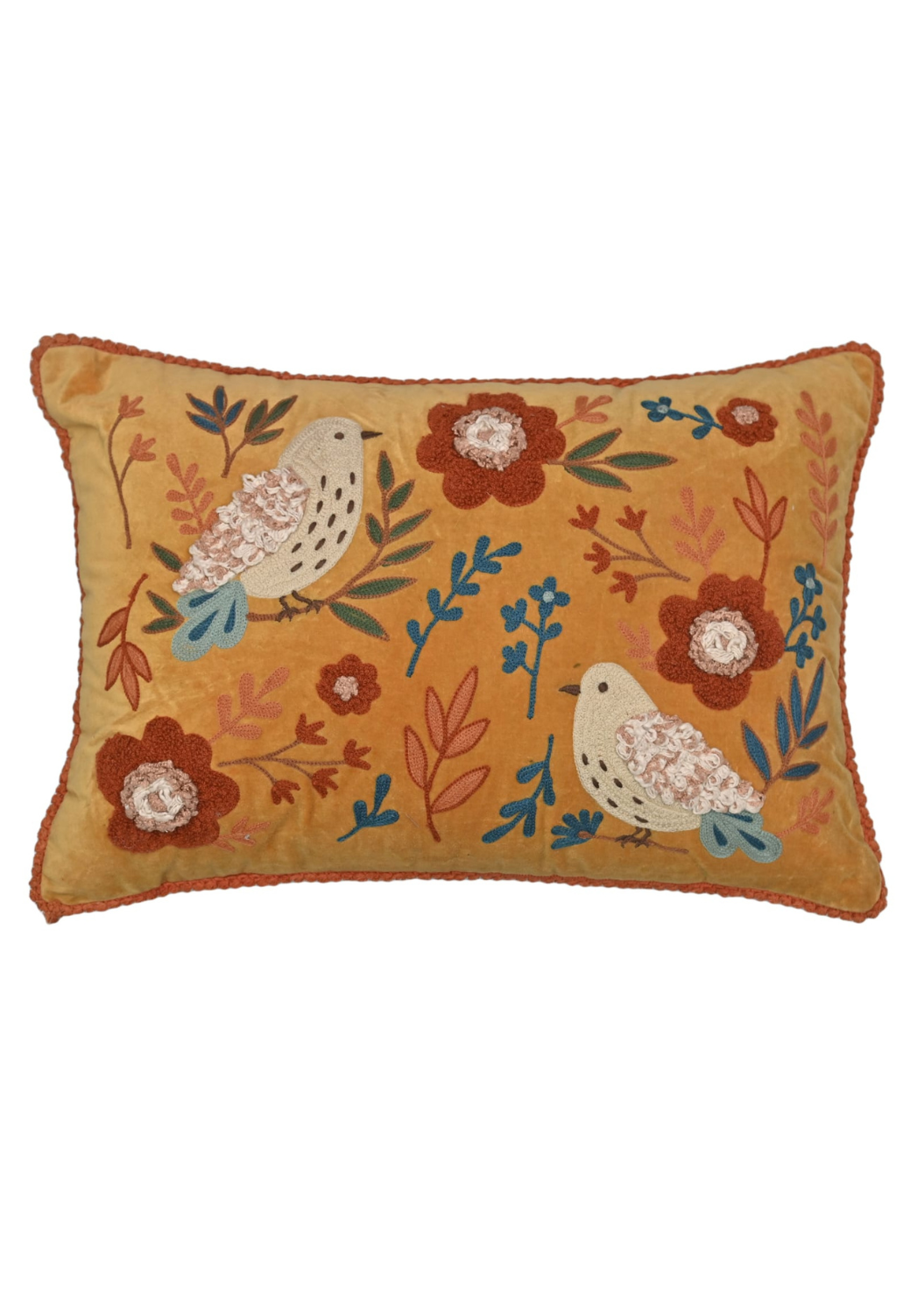 Mustard Meadow Aviary Velvet Cushion – 14x20 inches
