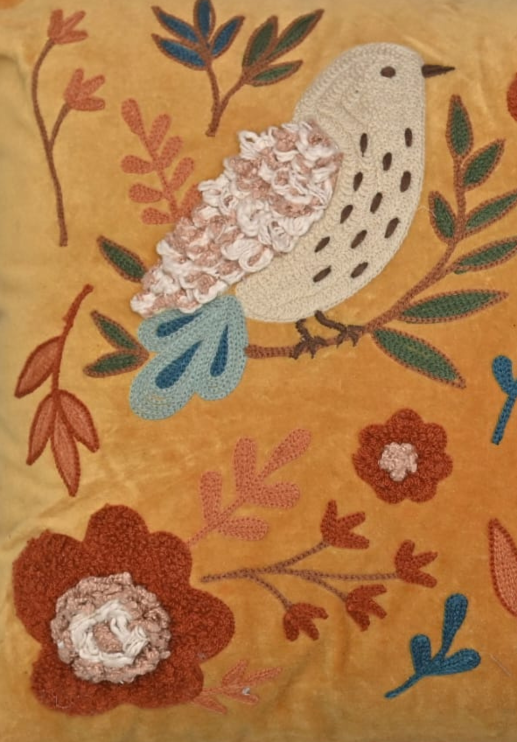 Mustard Meadow Aviary Velvet Cushion – 14x20 inches