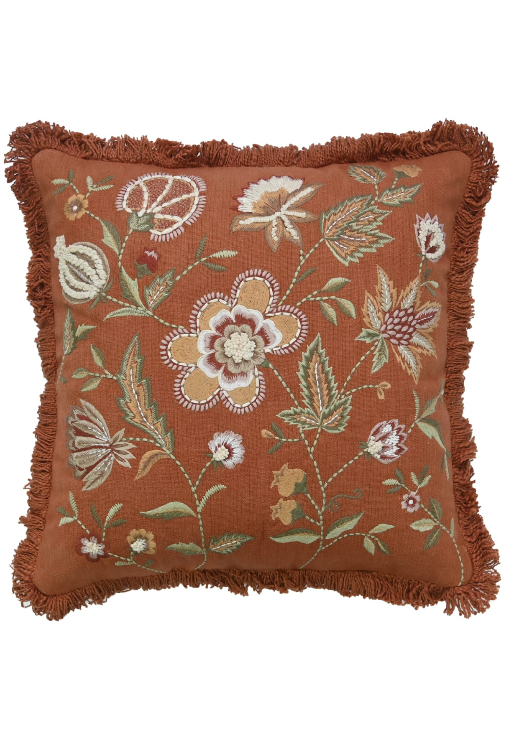 Rust Rosebud Embroidered Cotton Cushion