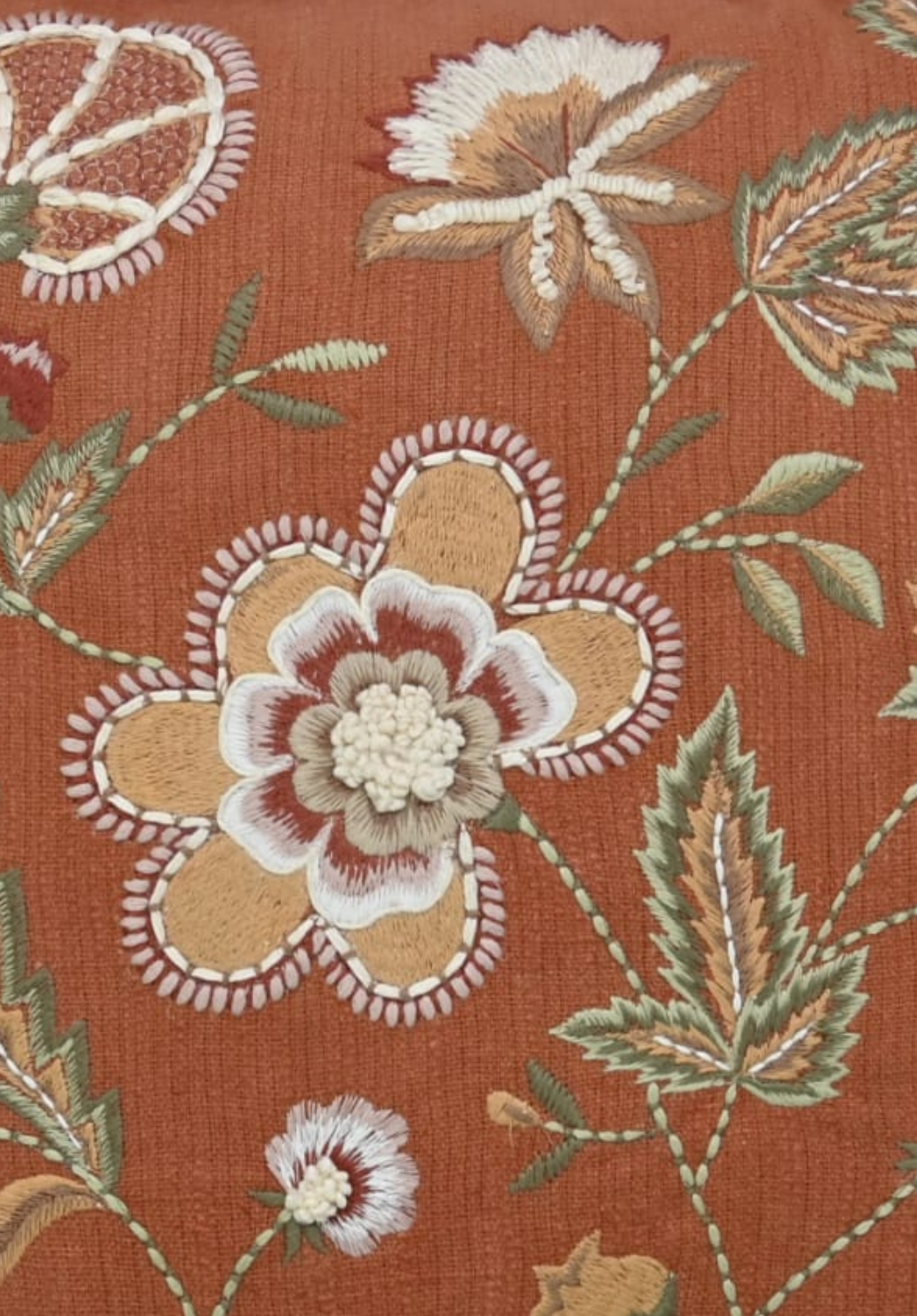 Rust Rosebud Embroidered Cotton Cushion