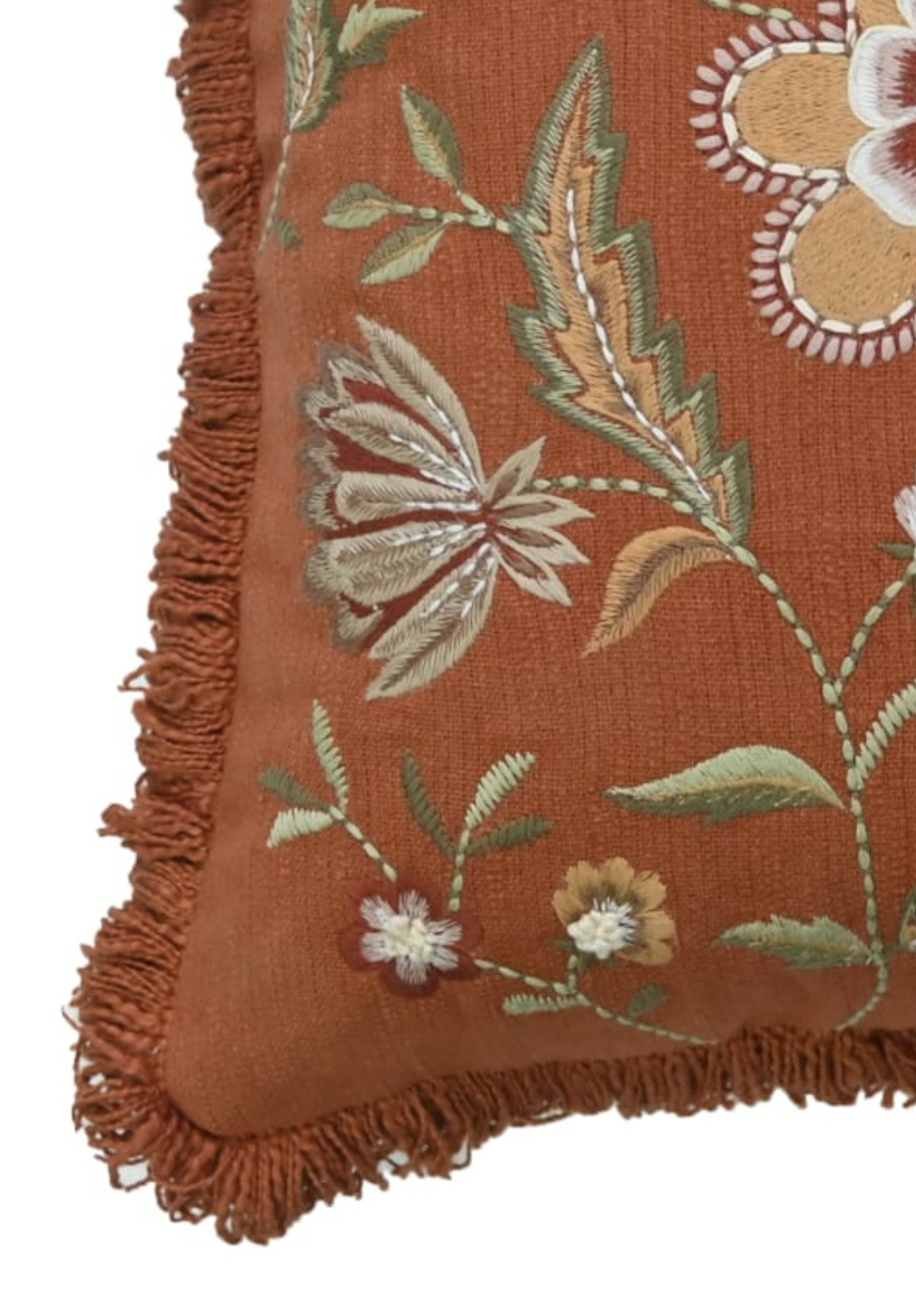 Rust Rosebud Embroidered Cotton Cushion