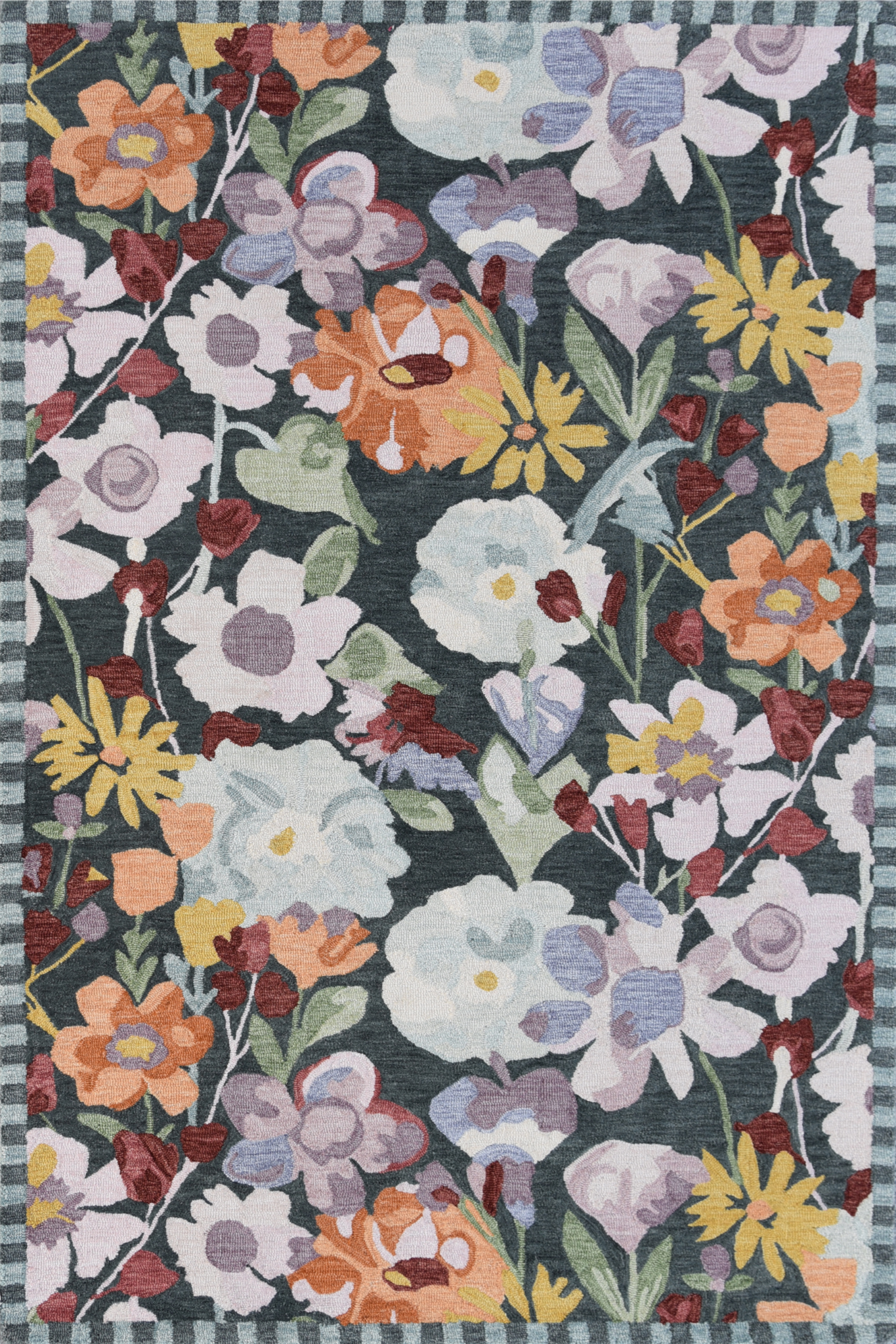 Floral patterned rug with colorful flowers on a dark background