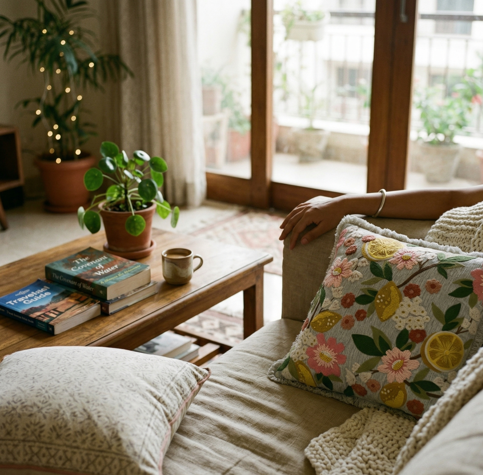 Cozy living room with a sofa, coffee table, and decorative pillows.