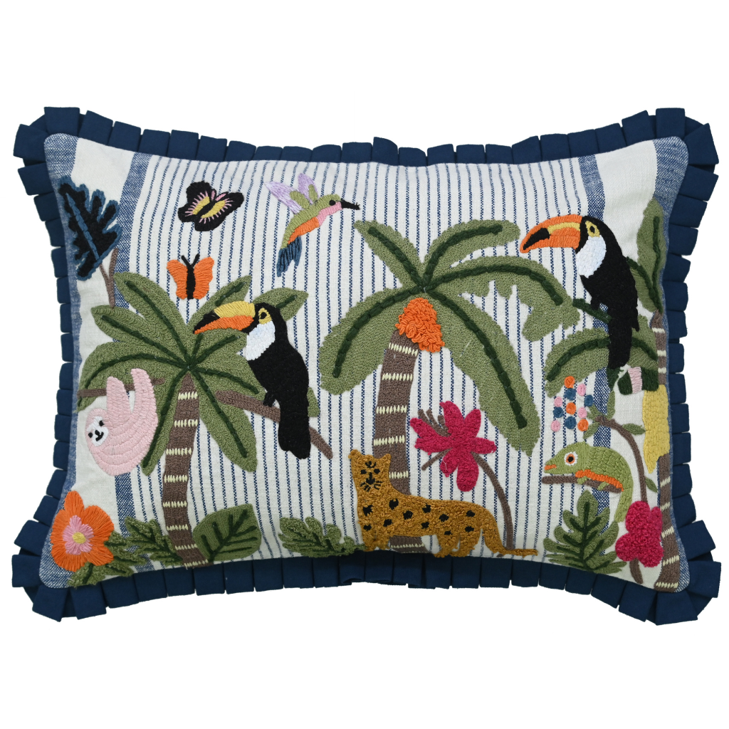 Hand embroidered cotton cushion cover with woodpecker bird and animal motifs 14x20